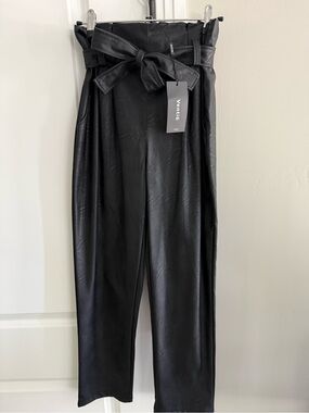 Venti6 (made in Italy) High-Rise Black Faux Leather Paperbag Trousers, Tie Belt